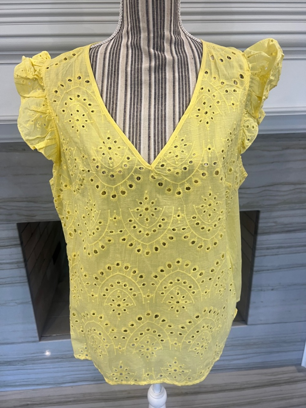 Yellow Eyelet V-Neck Women's Top
